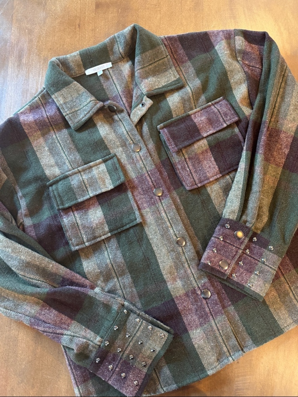 Plaid Button-Down Shirt Jacket in Green and Plum